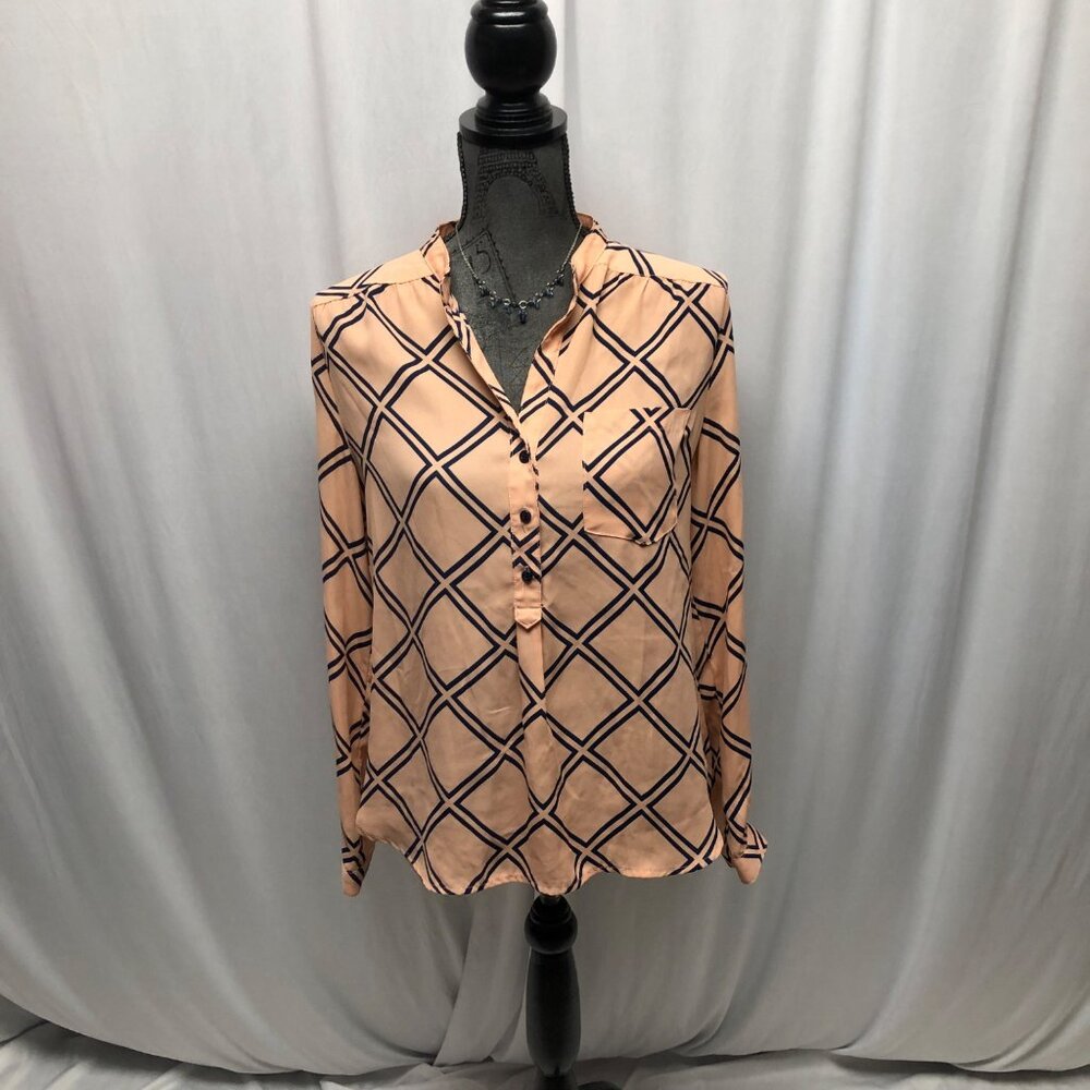 Fun2Fun Womens Blouse Size Small Peach Navy Geometric Sheer Long Sleeve